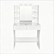 Toeletta con 2 cassetti e 4 vani con specchio LED a tre colori per camera da letto; in MDF bianco; 80×135×40 cm