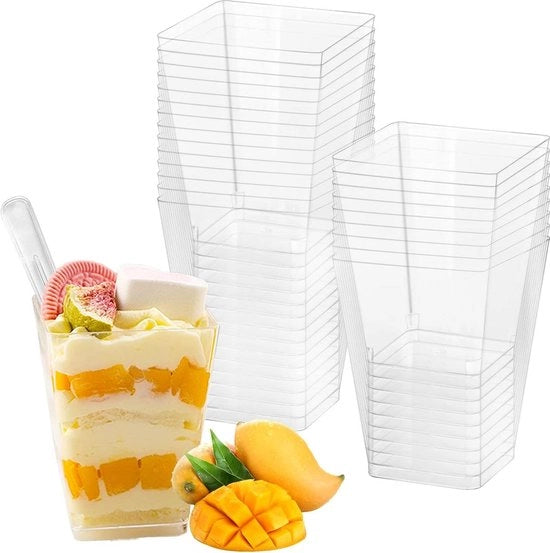 50 Dessertbekers in Plastica - 5oz/150ml - Con Cucchiai - Mousse Pudding - Feste di Compleanno Matrimoni - Partite di Tiramisù