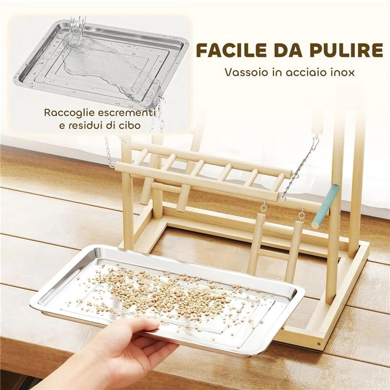TRESPOLO PER PAPPAGALLI CON GIOCHI, SCALE, CATENE, CIOTOLE, VASSOIO RIMOVIBILE E POSATOI, LEGNO NATURALE