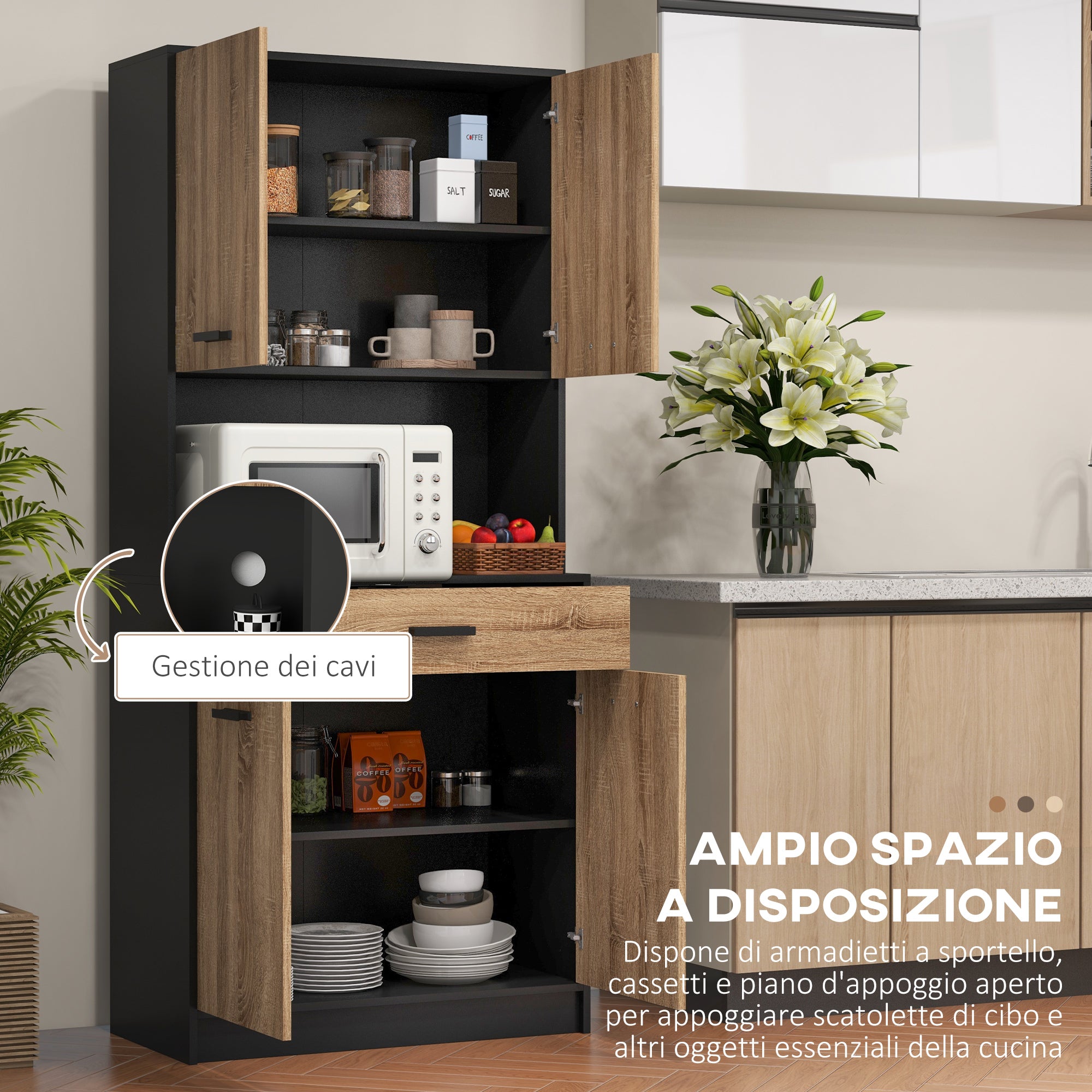 Credenza Cucina 80x40x180 cm con 2 Armadietti a 2 Ante e Cassetto in Legno Nero e color Legno