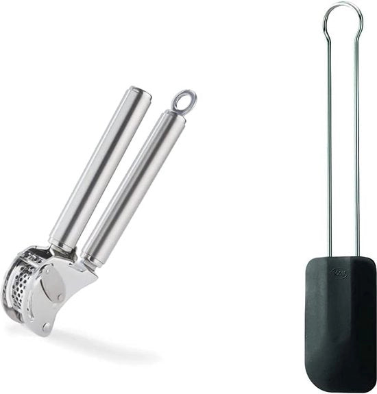 Knoflookpers con schraper, prensa in qualità professionale per gengibre e aglio, con setaccio pieghevole e schraper di impasto, spatola di impasto di alta qualità come aiuto per la cottura e la preparazione, nero, 26 cm