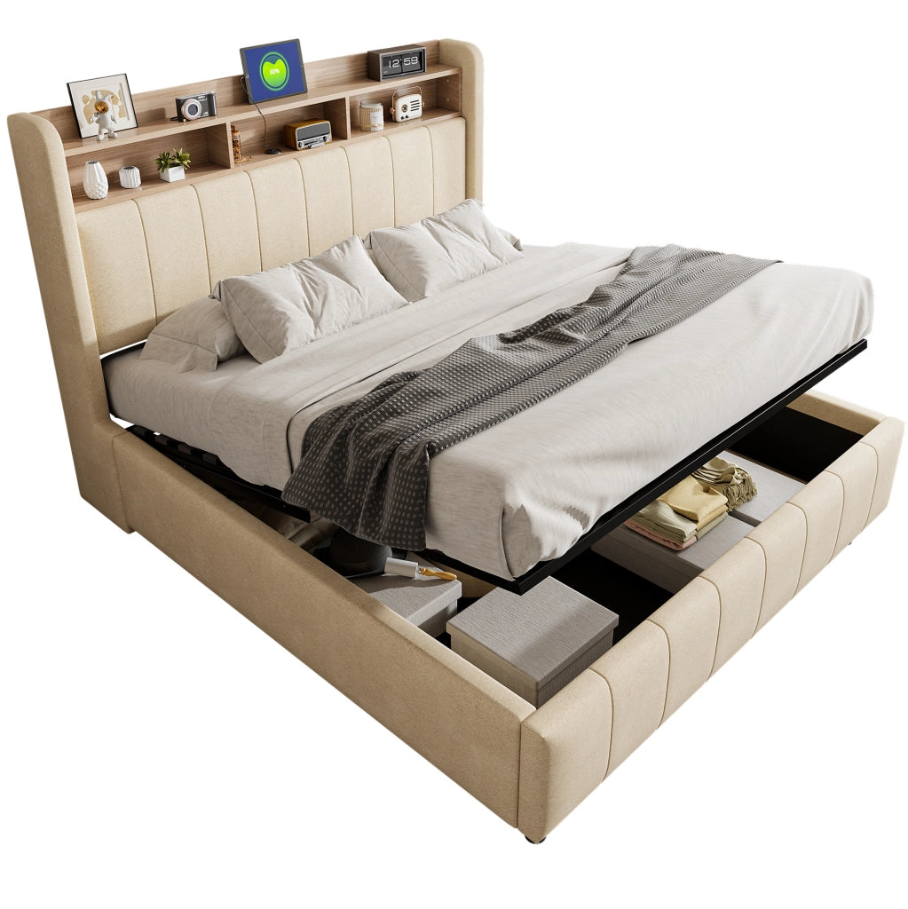 Letto imbottito 160x200 cm con LED, USB/Type-C e vano contenitore