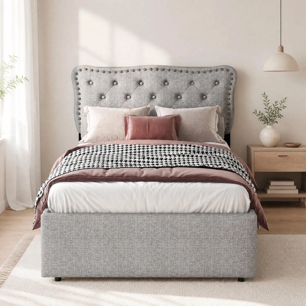 LETTO imbottito 90x200 cm con 2 cassetti in MDF e lino grigio