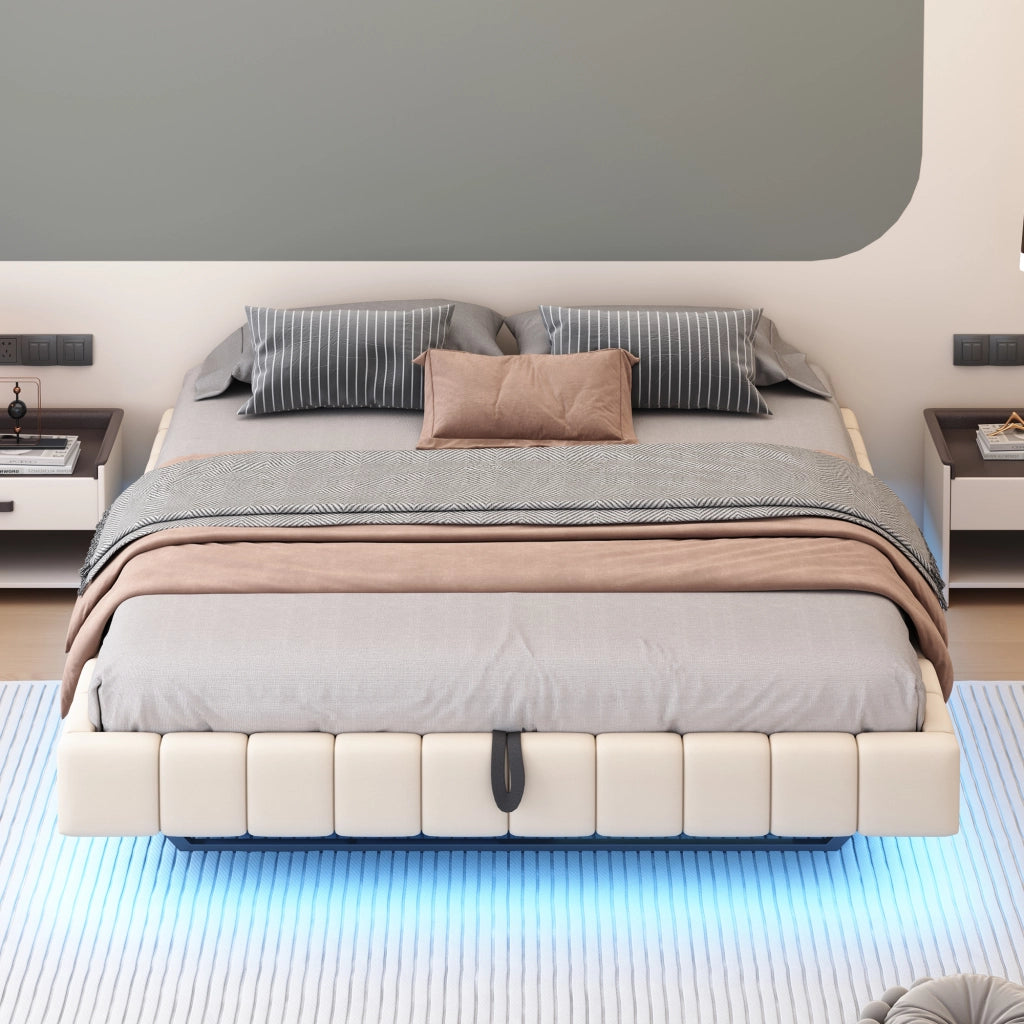 OKWISH Letto Contenitore 180×200 cm, Letto Matrimoniale con LED Regolabile e Sollevamento Idraulico, senza Materasso, in Tessuto, Beige