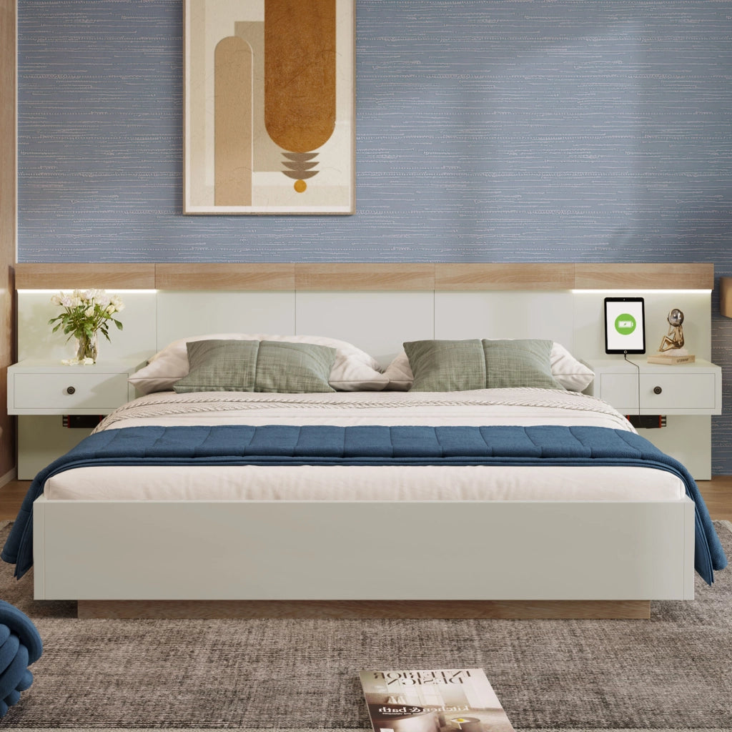 Letto matrimoniale 160x200 cm con comodini LED; USB C e presa EU; legno bianco e quercia Sonoma