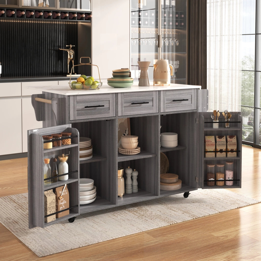 OKWISH Carrello da cucina con 3 cassetti e 3 ante, piano ribaltabile e portasalviette, MDF, 139 x 46 x 91.5 cm
