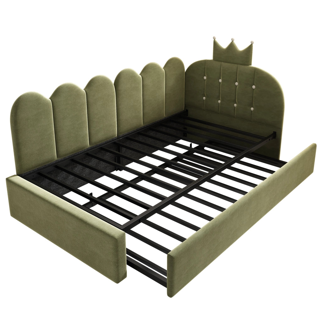 Letto daybed imbottito in velluto verde con letto estraibile 90x200 cm, design a corona, 2 pacchi