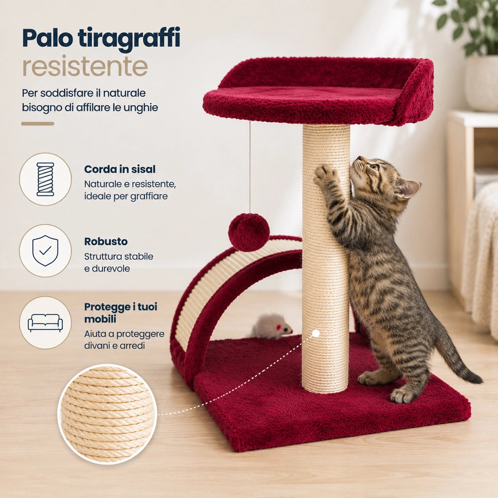 Tiragraffi Per Gatti Rosso Con Gioco Pallina Palo 50cm Topolino Tunnel Soffice