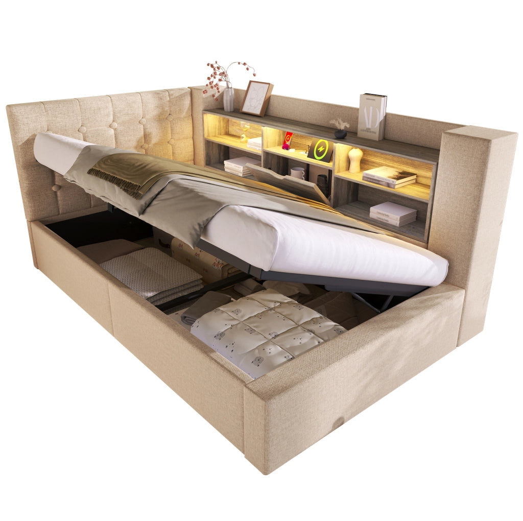 Letto singolo 90x190 cm in lino beige con LED; contenitore idraulico e testiera a L reversibile