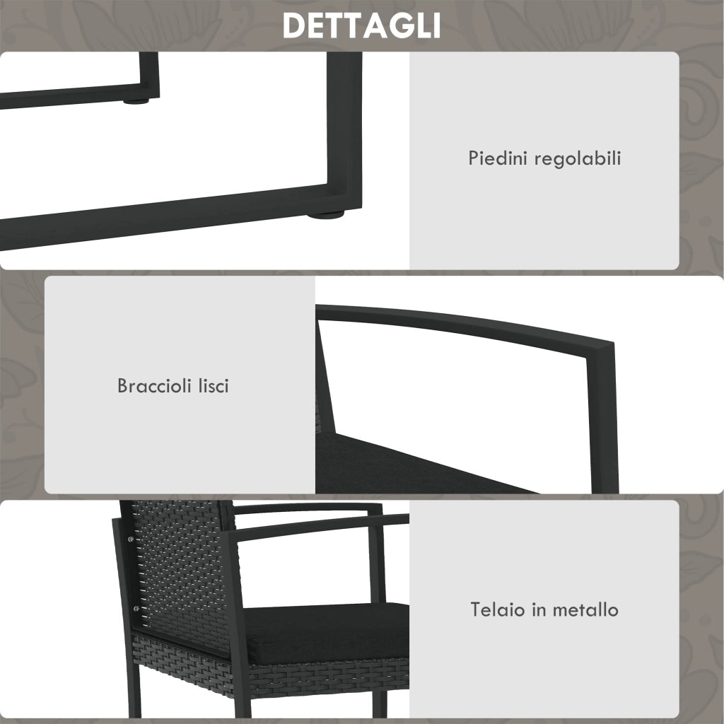 Set Giardino con Divano, 2 Sedie e 2 Tavolini ¨C Zephmum ¨C Cuscini, Vetro, Nero