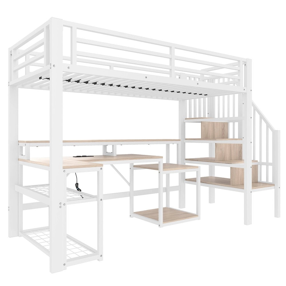 Letto a Soppalco con Scrivania e LED ¨C Xylo ¨C Bianco, Metallo, 90x200 cm