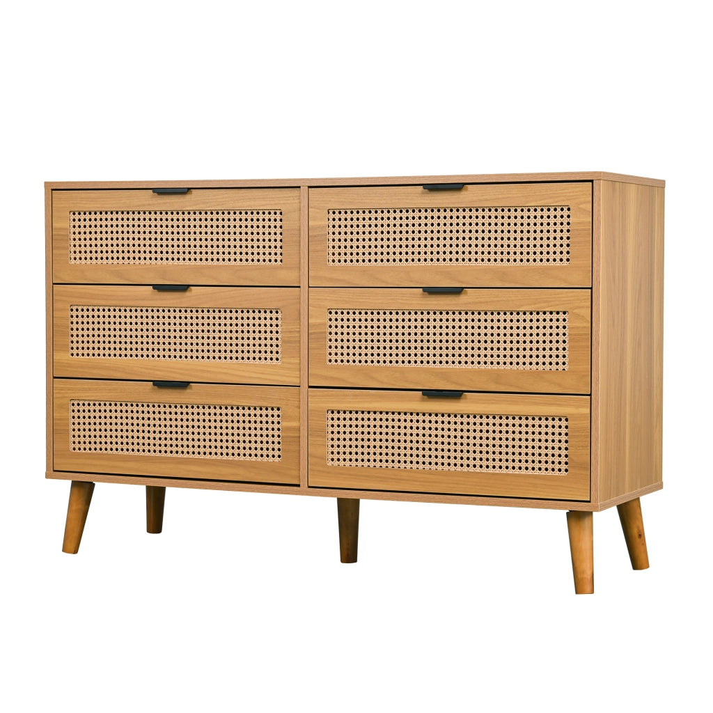 ?????ino a 6 cassetti in stile retrò con effetto rattan; 120 x 40 x 76;5 cm; noce