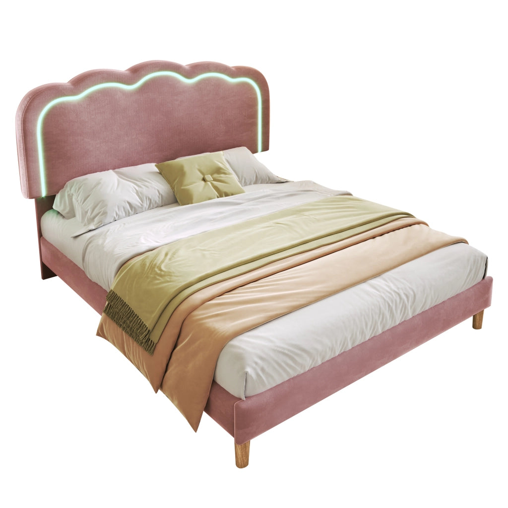 Letto imbottito LED 140 x 200 cm in velluto rosa, con testiera regolabile e rete inclusa