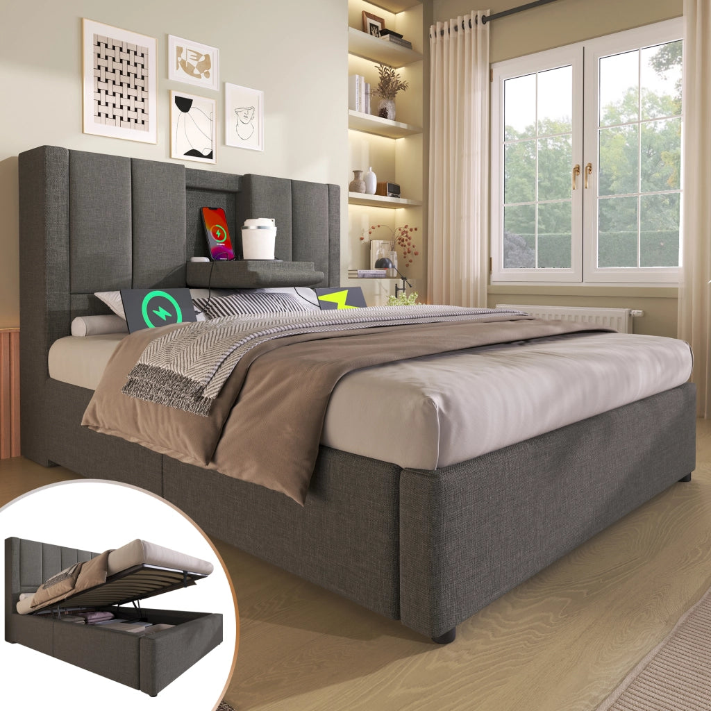 LETTO Contenitore 90x200 cm in lino grigio con porta bicchiere e stazione di ricarica