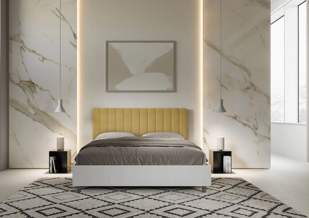 BS COM Letto matrimoniale con rete 160x190 bianco frassino testata microfibra ocra
