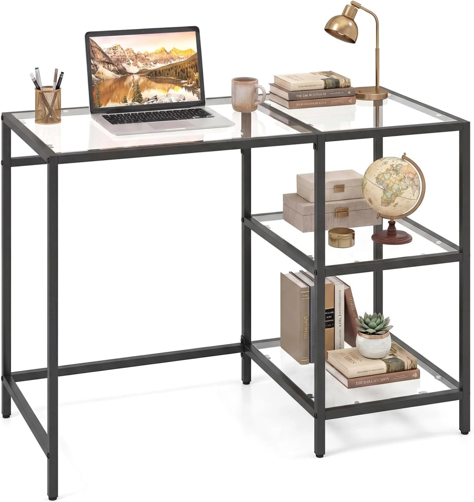 Scrivania in Vetro Temperato 106 x 51 x 77 cm, Tavolo PC Multifunzionale Salvaspazio con 2 Ripiani, Consolle Trucco Moderna per Camera da Letto, Studio, Ufficio e Soggiorno (Oro)