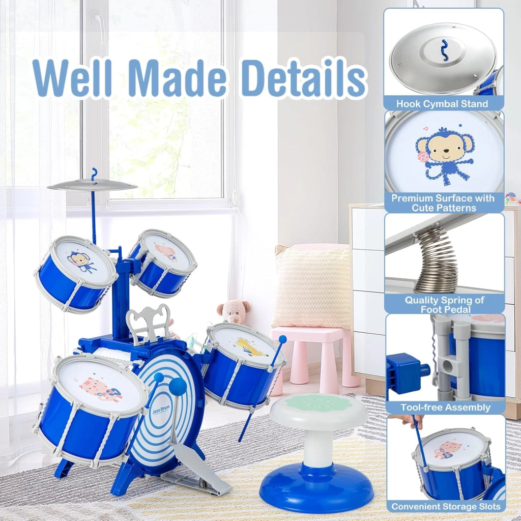 Batteria per Bambini da 3+ Anni, Set di Tamburi con Sgabello, 5 Tamburi, 2 Bacchette, Leggio e Pedaliera, Strumento Musicale per Bambini, Jazz Rock Drum Regalo per Bambini, Blu