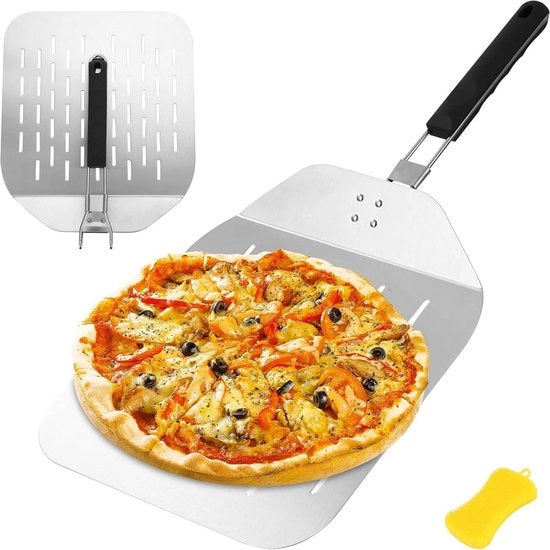 Spiedino per pizza - acciaio inossidabile forato - manico pieghevole - superficie ampia - forno e griglia - cottura del pane - stabilità
