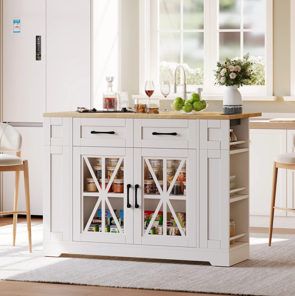 Isola da cucina mobile 120 cm con piano ribaltabile; prese AC e USB; bianco e naturale