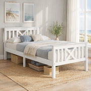 Letto singolo 90x200 cm in legno massello di pino bianco con testiera a X e rete a doghe