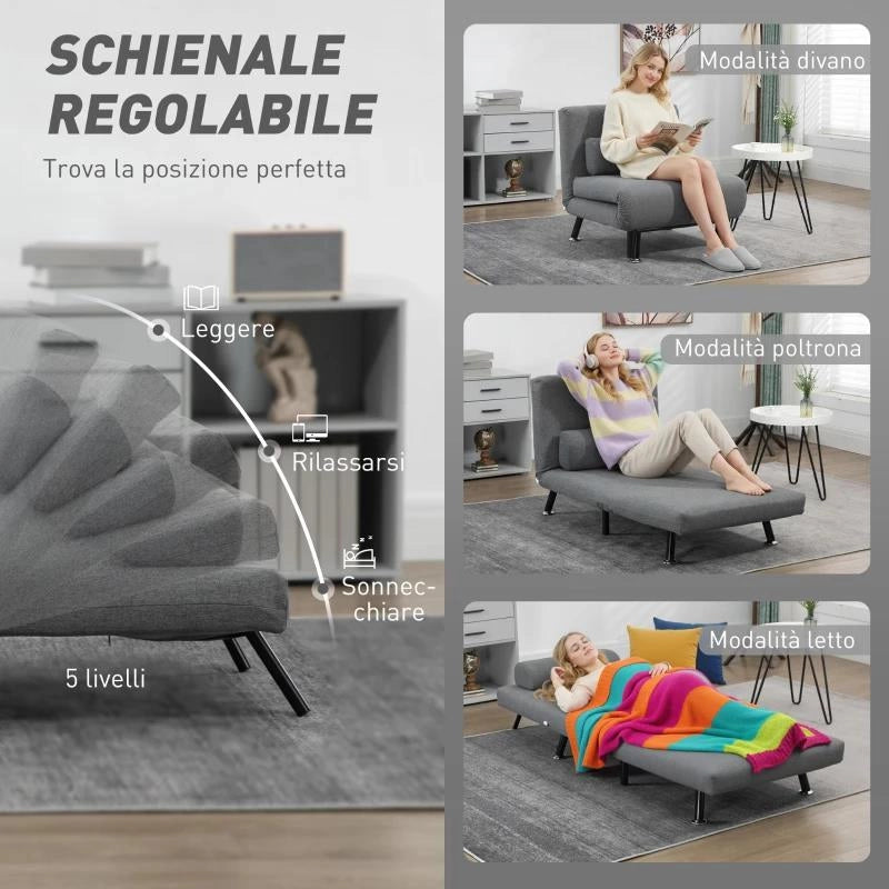 POLTRONA LETTO CON SCHIENALE REGOLABILE IN 5 POSIZIONI, TESSUTO EFFETTO LINO E ACCIAIO, 75X70X75 CM, GRIGIO