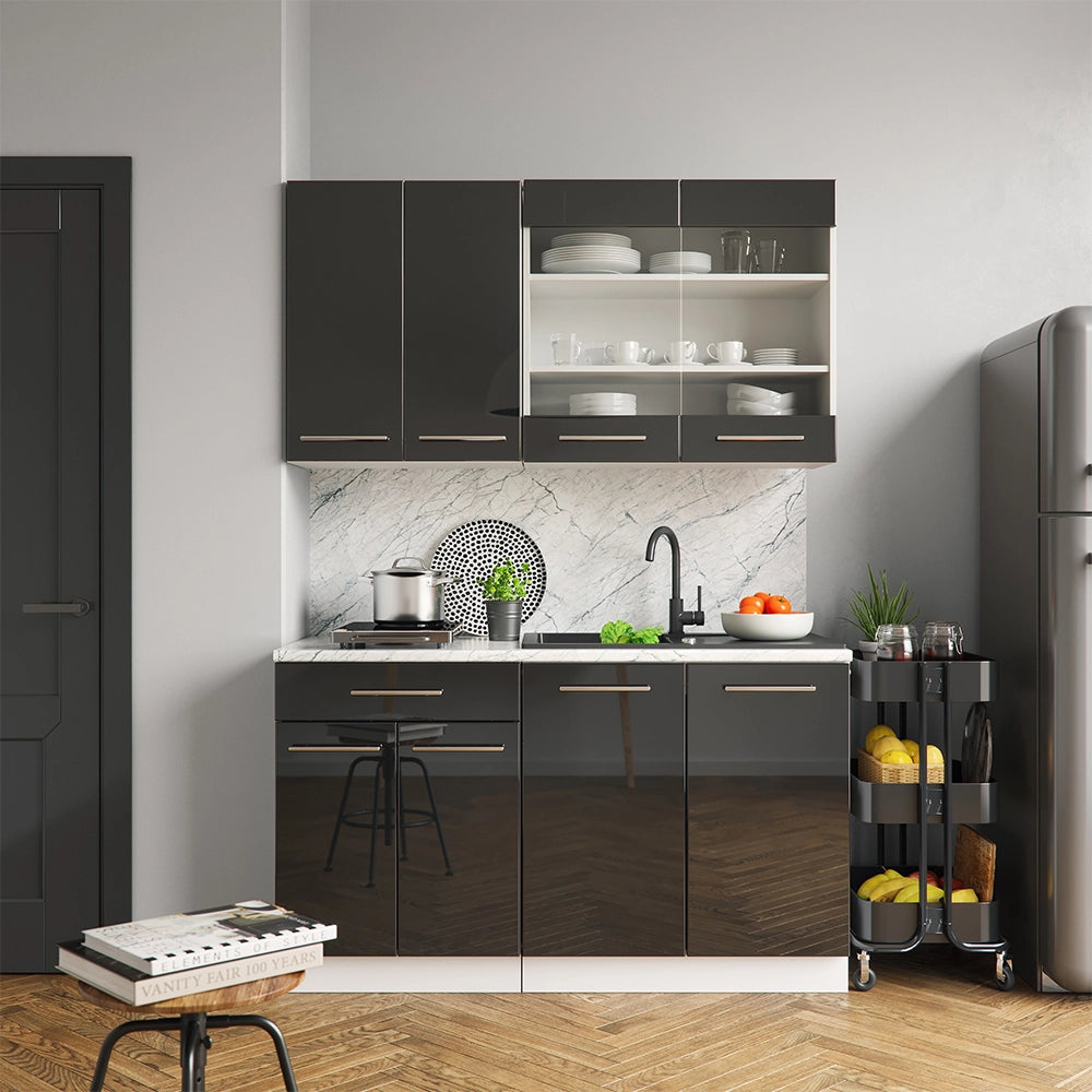 Cucina completa Fame-Line Antracite lucido/Bianco 140 cm, PL Marmo Vicco