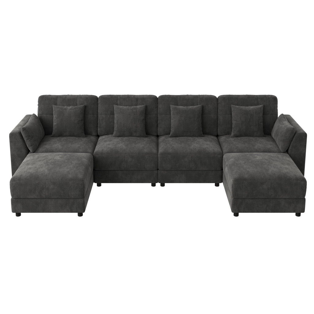SOFA Modulare U/L 292x135x82 cm Chenille Grigio con 2 pouf e 6 cuscini