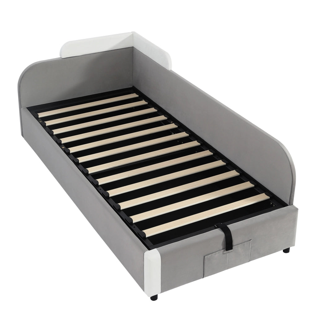 Letto imbottito 90x200 cm con contenitore idraulico in velluto e compensato