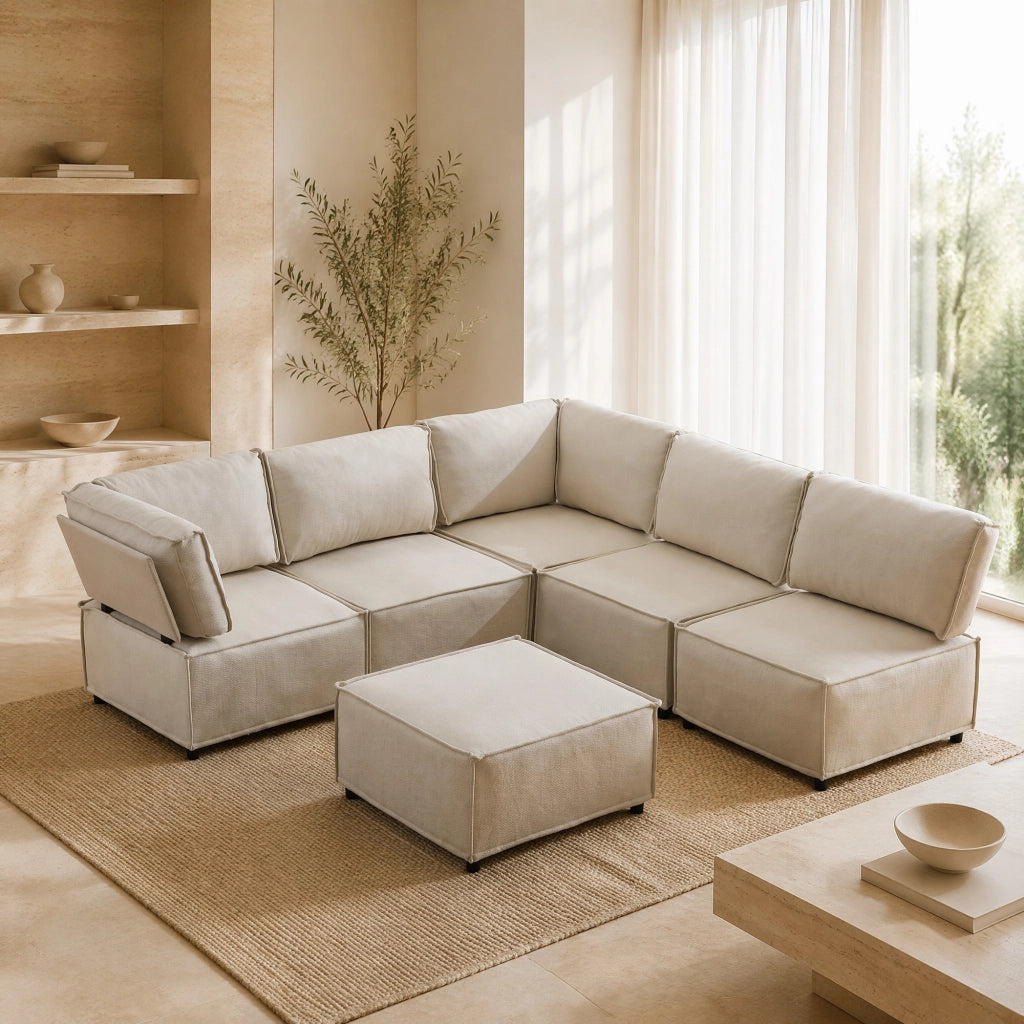 Divano angolare modulare componibile con seduta comoda e rivestimento in lino beige 308 × 152 × 77 cm