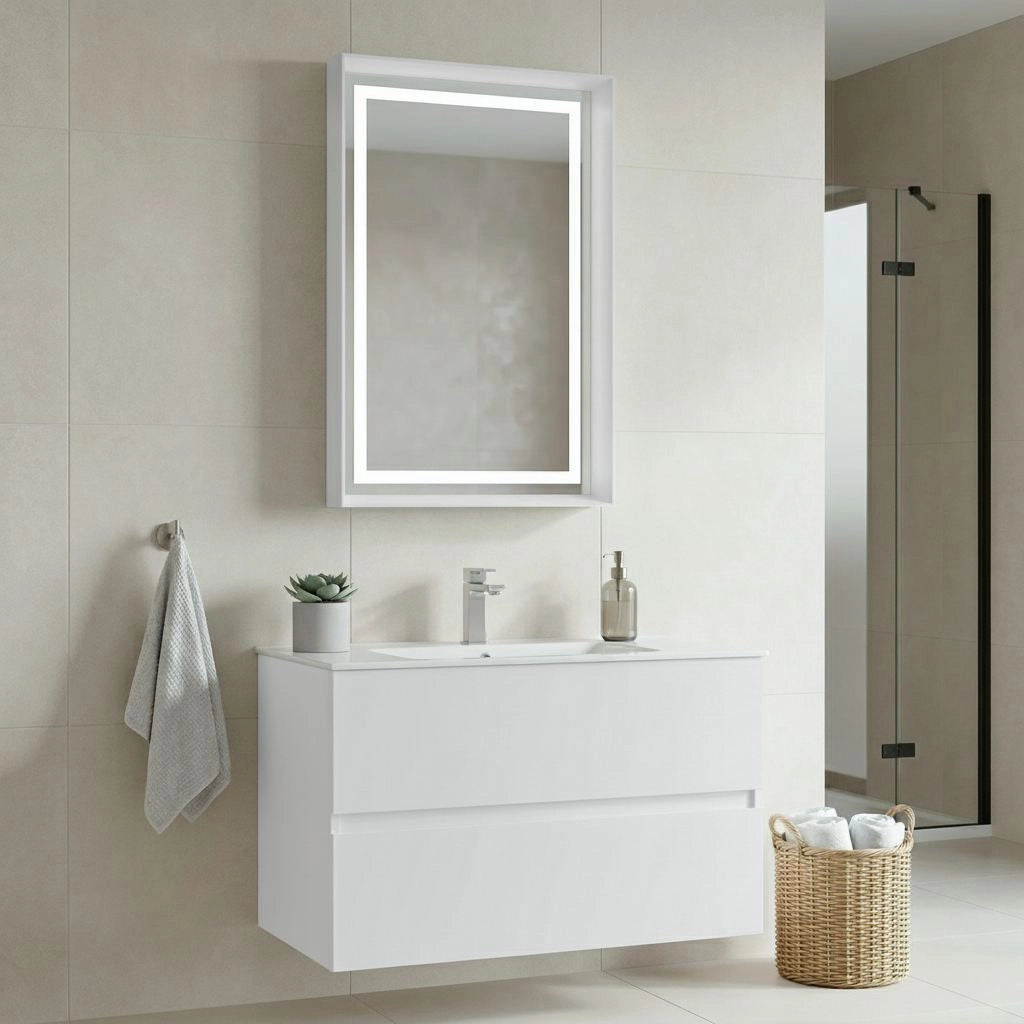 Set mobile lavabo con specchio (2 pezzi) "Nest 91 v2" - 91 x 51 x 55 cm - Bianco opaco