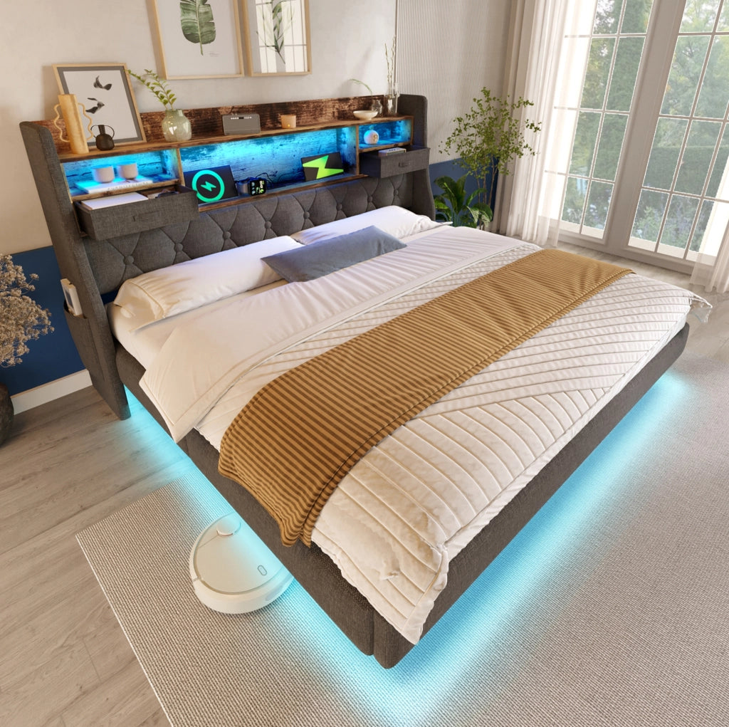 Letto in lino grigio 140x200 cm con LED e porte di ricarica