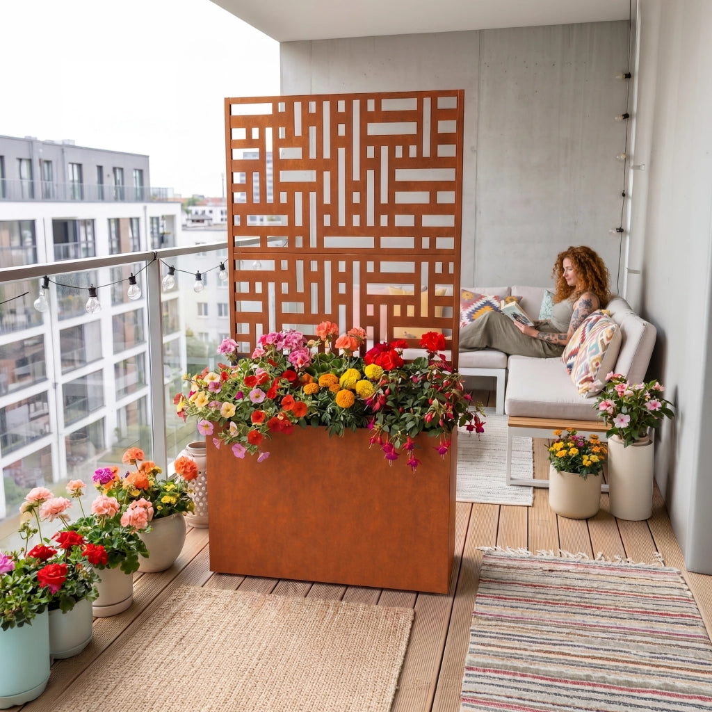 Fioriera con Spalliera Bernalda a 4 Rotelle 146 x 83 x 31 cm Acciaio Corten - Marrone Ossidato casa.pro
