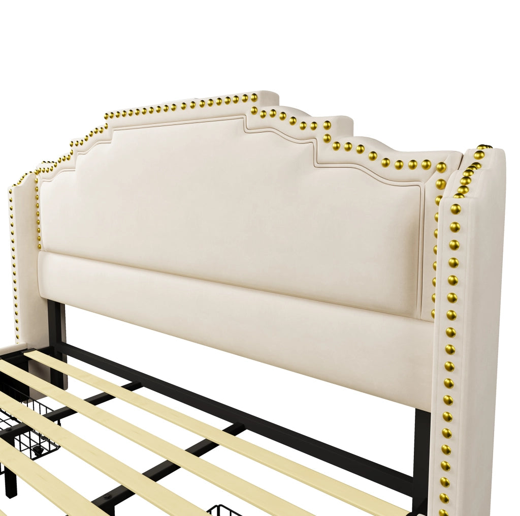 Letto matrimoniale 180x200 cm in velluto beige con LED; porte USB e 4 cassetti