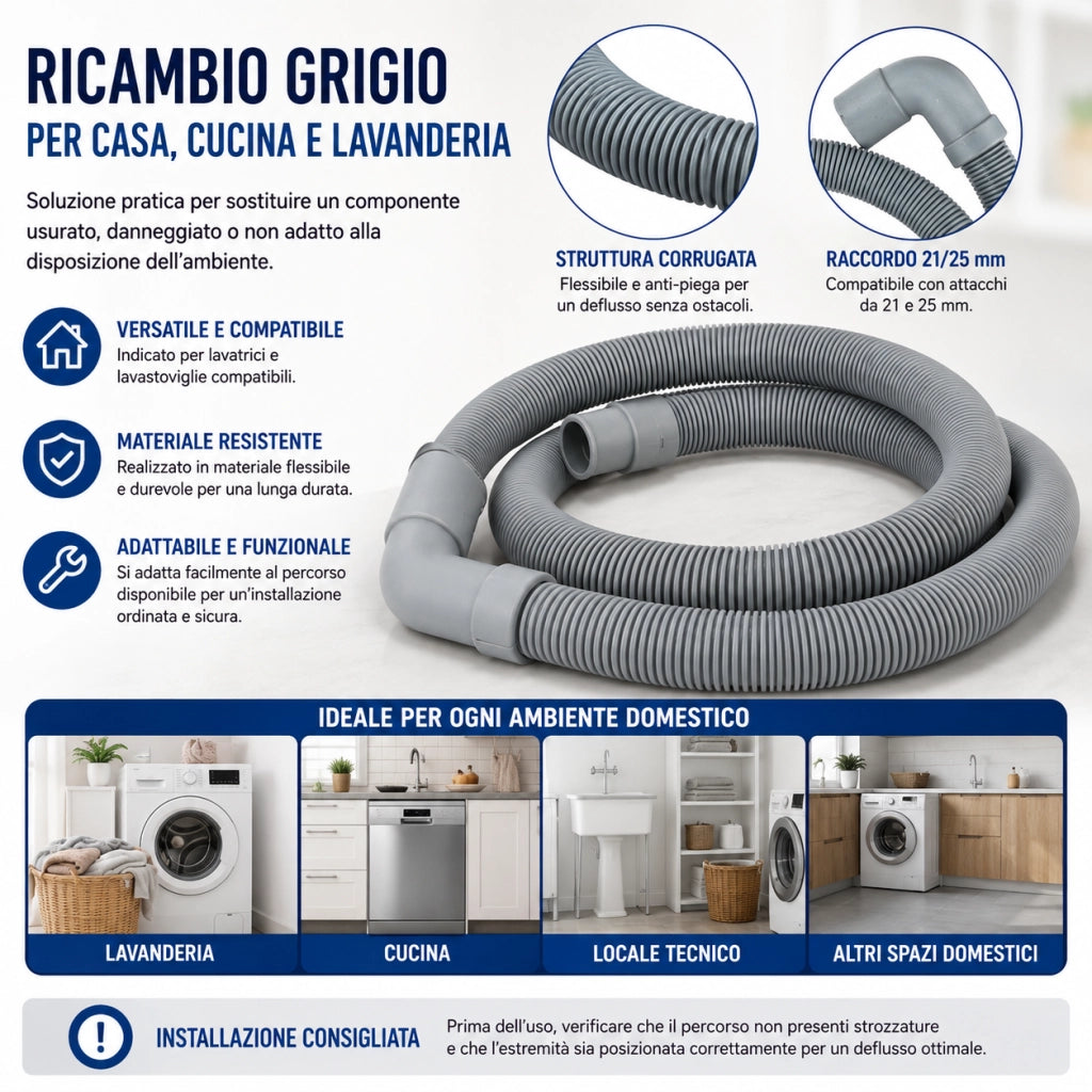 Tubo Scarico Lavatrice 1,5 m 21/25 mm con Staffa a U 59053