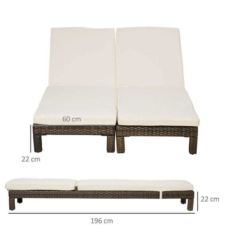 SET 2 LETTINI PRENDISOLE IN RATTAN PE CON CUSCINO E SCHIENALE 5 RECLINAZIONI, 196X60X22CM