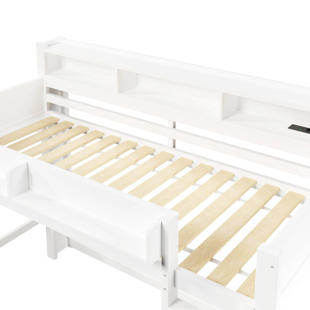 Letto a soppalco 90x200 in legno bianco con armadietti e presa USB