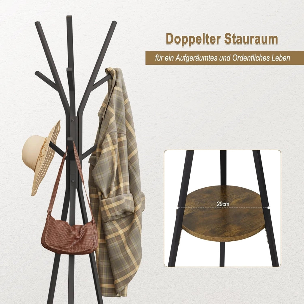Attaccapanni, Appendiabiti ad Albero in Metallo e MDF, Portabiti da Ingresso con 9 Ganci e 1 Ripiano per Vestiti, Cappelli, Borse, Nero + Legno Vintage