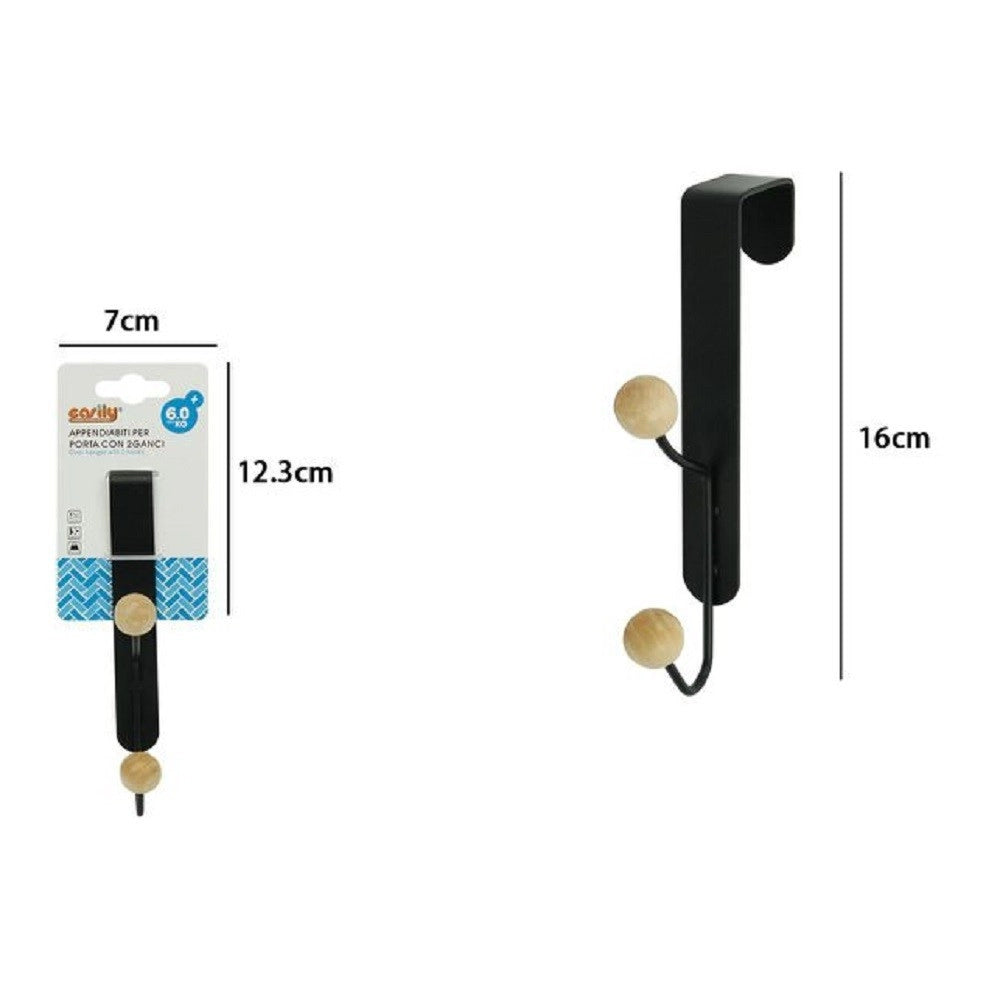 Trade Shop - Appendiabiti Appendino Da Porta Metallo Nero Palline Legno 2 Posti Ganci 79558 -