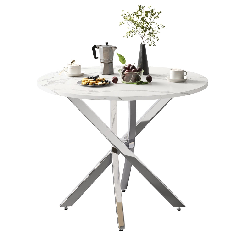 Tavolo rotondo 80 cm in MDF effetto marmo, gambe cromate argento, stile moderno, bianco e argento
