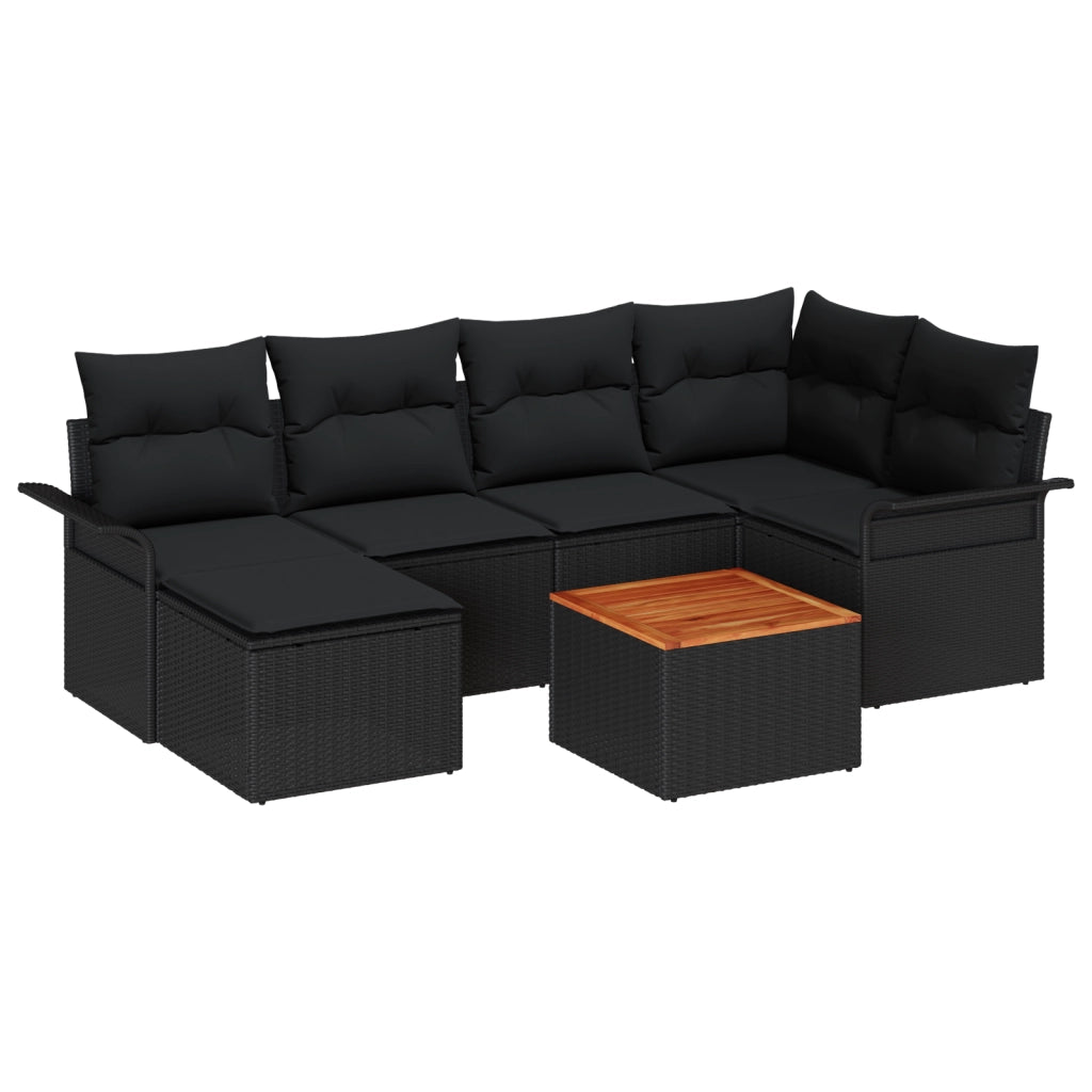 Set di Divani da Giardino 7 Pezzi con Cuscini Neri in Polyrattan e Acacia