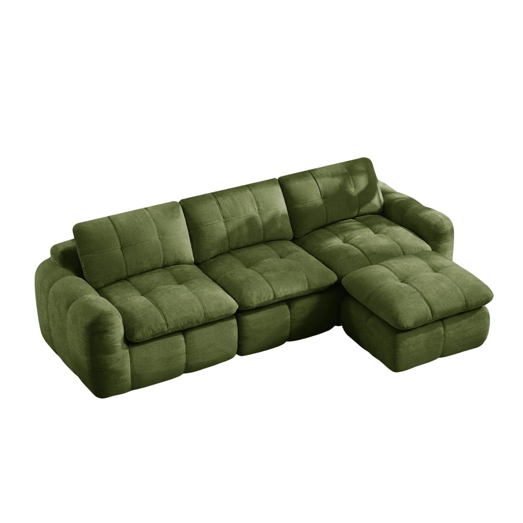 Divano modulare angolare 3 posti - con pouf coordinato - per soggiorno - in chenille verde