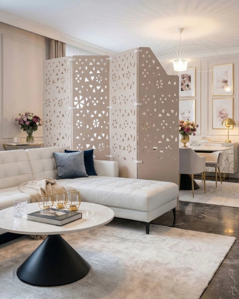 Divisorio a 4 pannelli in tessuto beige chiaro per la privacy Schermo divisorio per ufficio Riduzione del rumore della parete divisoria
