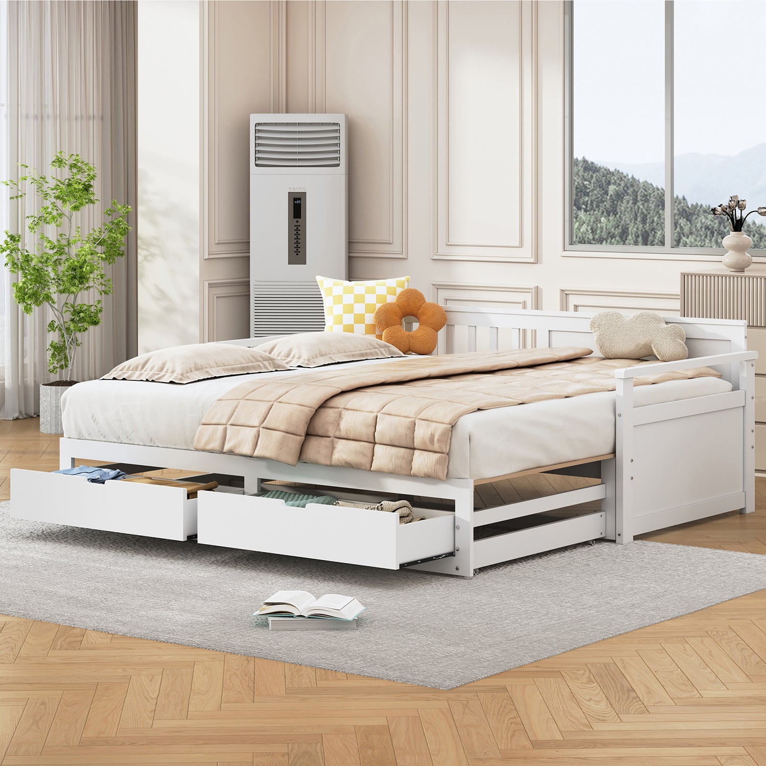 Letto giorno due in uno - Xylo - 90x200cm o 180x200cm - Bianco - Pino con cassetti e letto nido