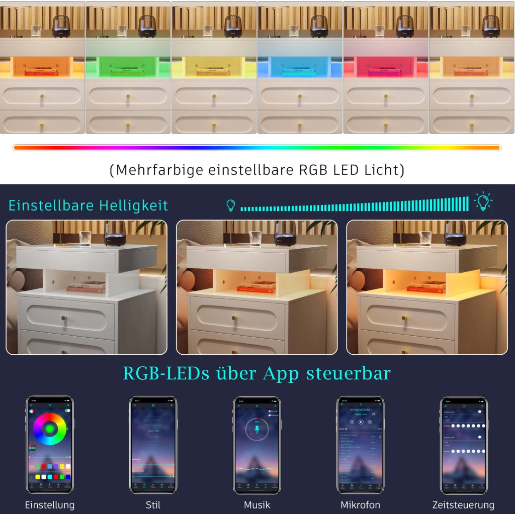 Comodino con LED, 2 cassetti e vano aperto, Bianco, 100x40x60 cm