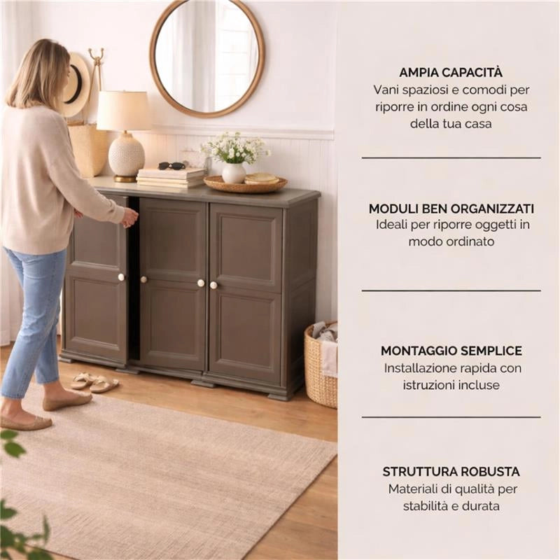 ARMADIO 3 ANTE WENGÉ 118X43X85,5 CM CON PUNTALI E ANTE EFFETTO LEGNO – MOBILE CONTENITORE MULTIUSO PER SALOTTO E BALCONE COPERTO