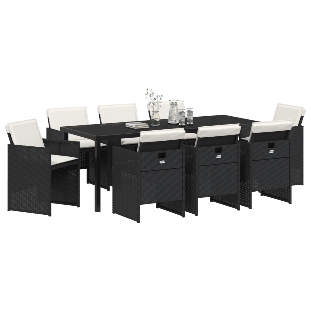 Set da pranzo da giardino 9 pezzi con cuscini in rattan polimerico nero