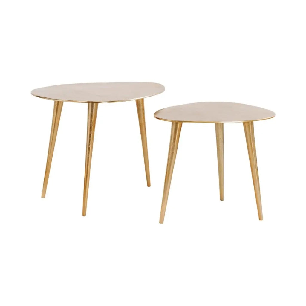 Tavolini bassi impilabili VORTEX dorati in alluminio – set di 2 tavoli design asimmetrici