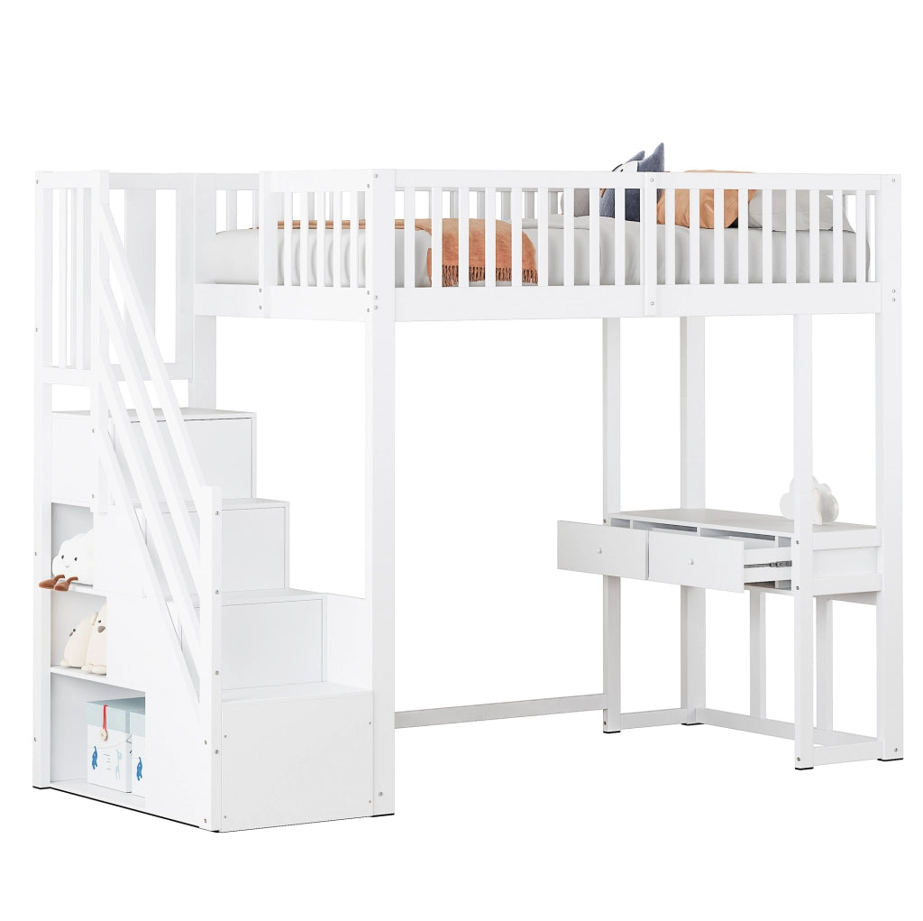 Letto a soppalco 90x200 cm con scrivania e scala contenitore; bianco