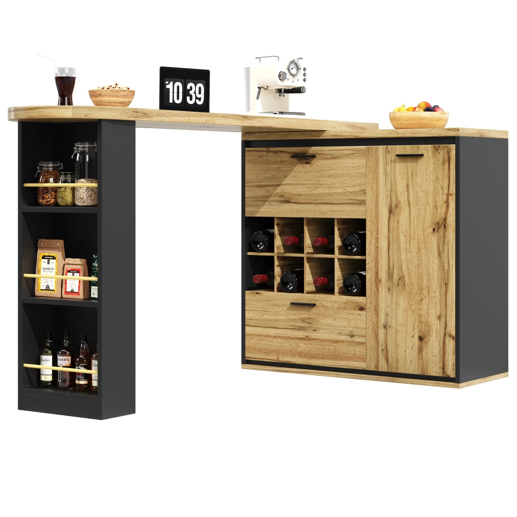 Tavolo da Pranzo Allungabile con 2 Cassetti; Portabottiglie e Ripiani Aperti in MDF e Metallo; Legno