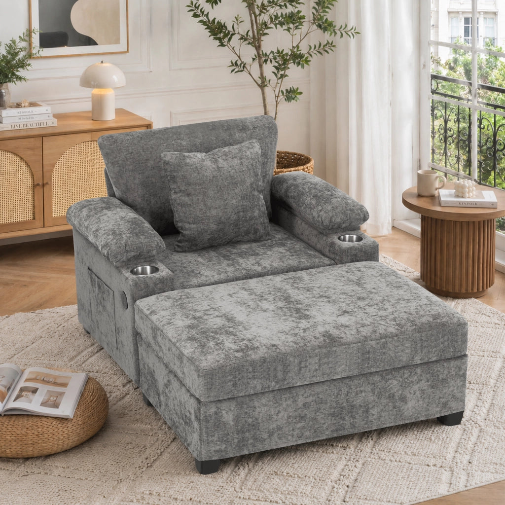 Chaise longue in ciniglia con portabicchieri, vano contenitore nei braccioli e supporto ergonomico grigio